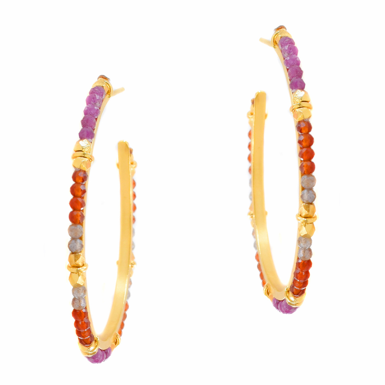 Smarties Gold Plated Beaded Hoops with Ruby, Carnelian & Labradorite, Mary Gaitani, tomfoolery