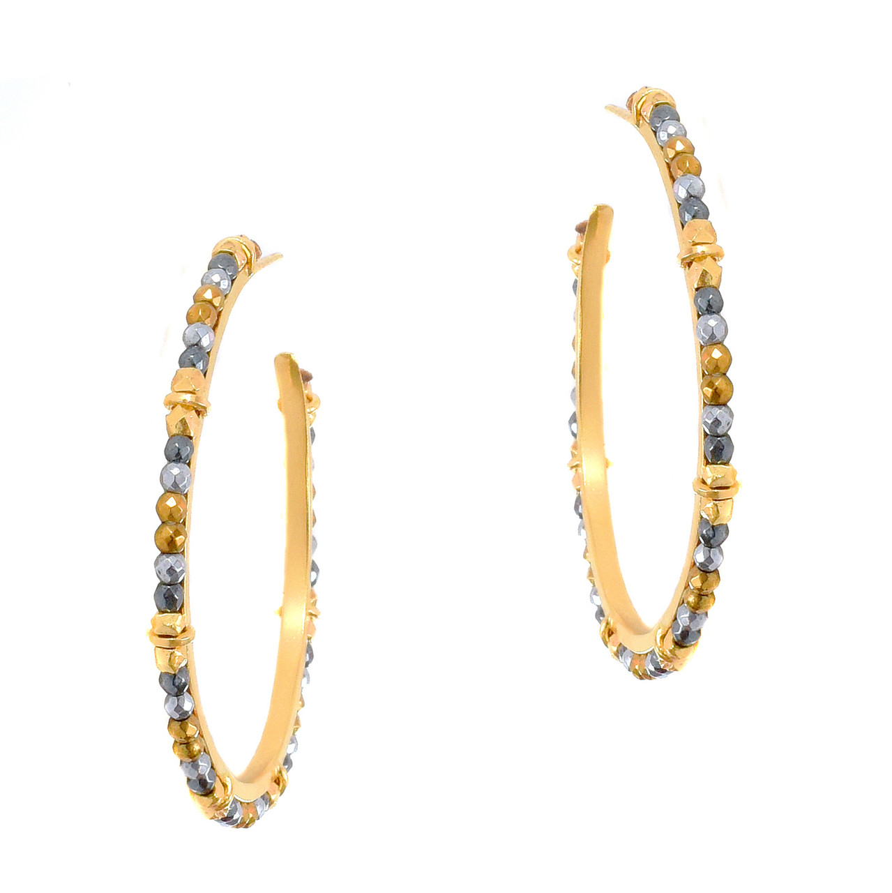 Smarties Gold Plated Beaded Hoops with Hematite, Mary Gaitani, tomfoolery