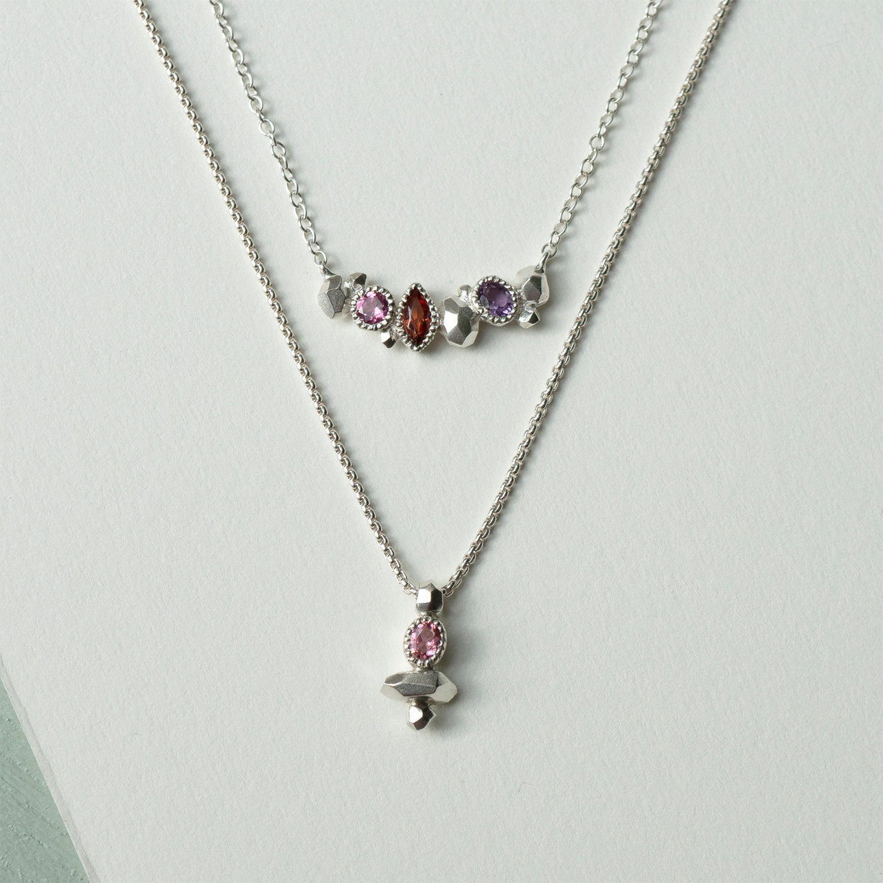 Gea Trio Necklace in Silver with Tourmaline, Garnet & Amethyst, Maria Manola, tomfoolery