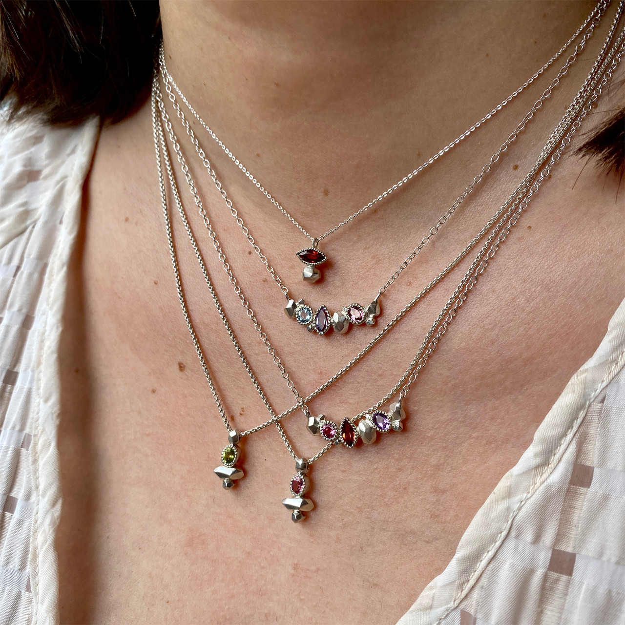 Gea Trio Necklace in Silver with Tourmaline, Garnet & Amethyst, Maria Manola, tomfoolery