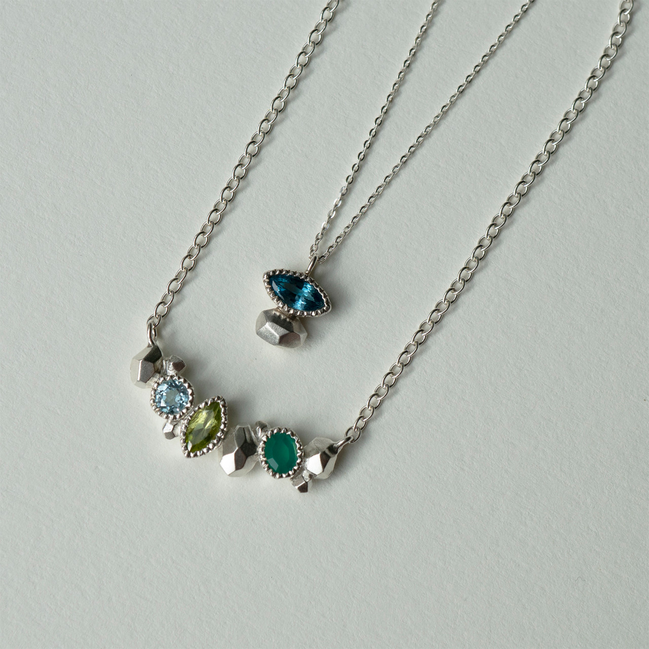 Gea Trio Necklace in Silver with Aquamarine, Peridot & Onyx, Maria Manola, tomfoolery