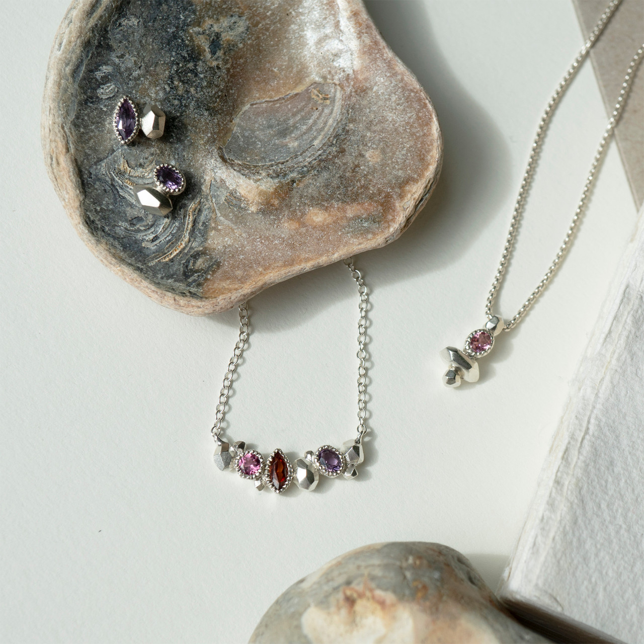 Gea Trio Necklace in Silver with Aquamarine, Amethyst, Tourmaline, Maria Manola, tomfoolery