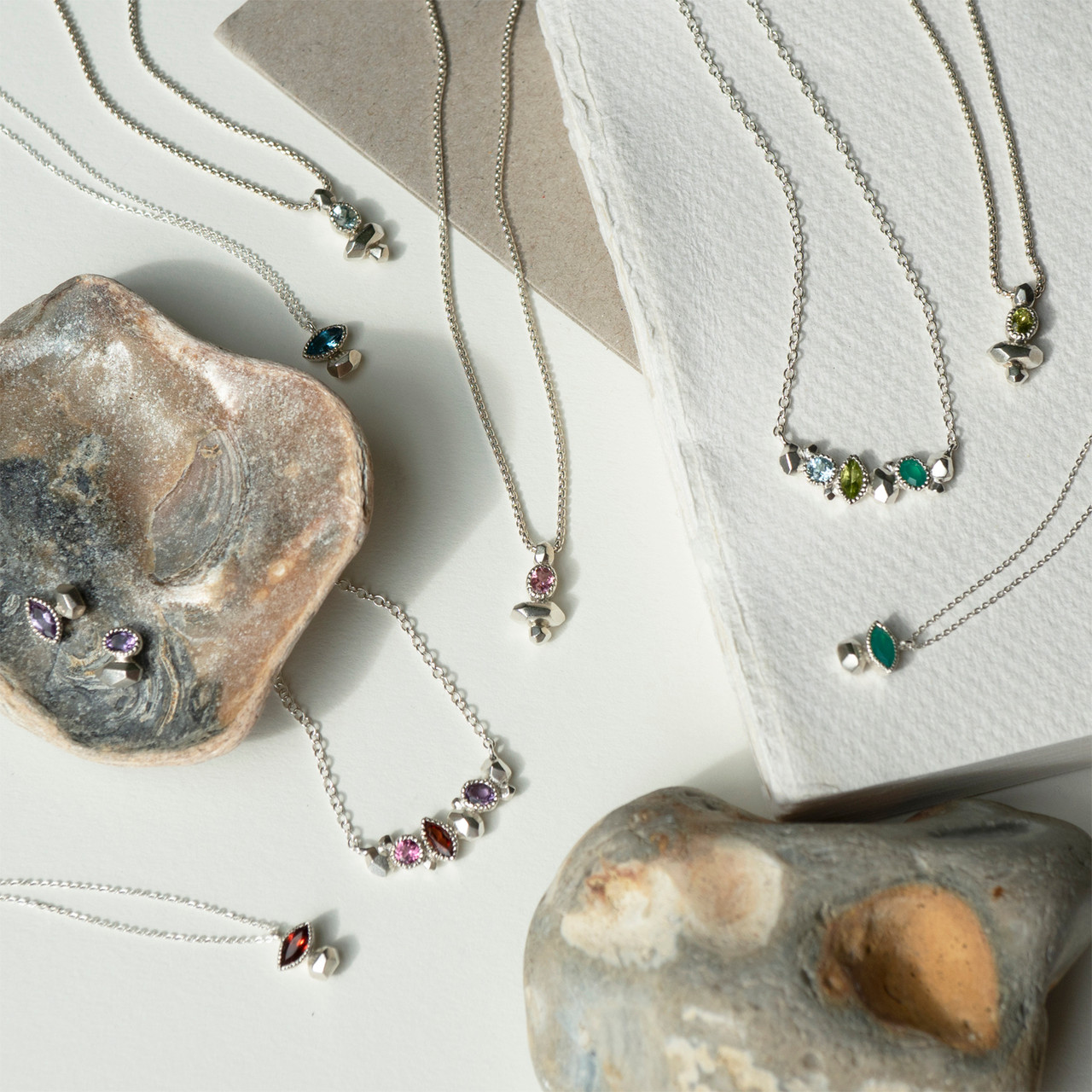 Gea Trio Necklace in Silver with Aquamarine, Amethyst, Tourmaline, Maria Manola, tomfoolery