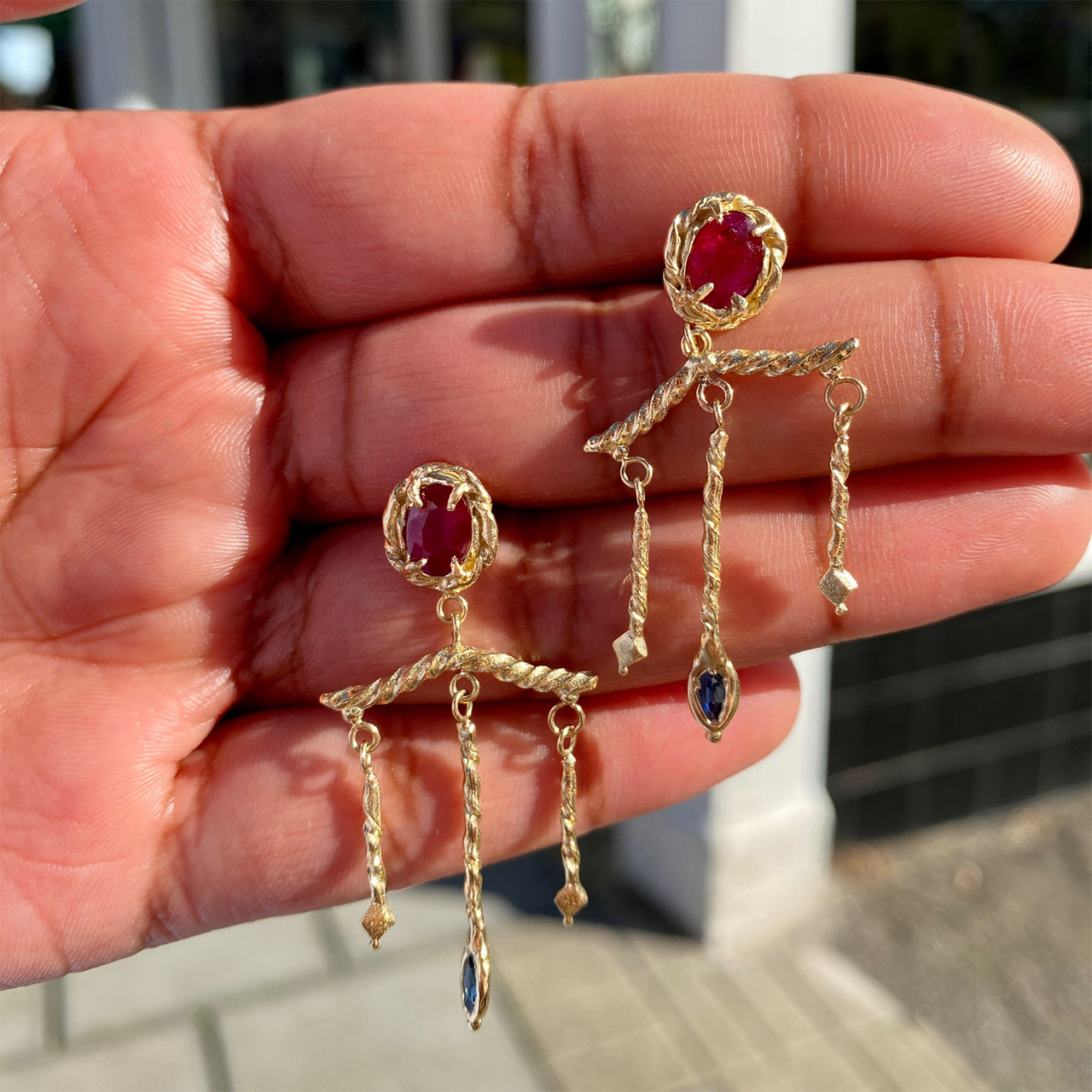 Trident Ruby & Sapphire Drop Earrings, Evangeline Porche, tomfoolery