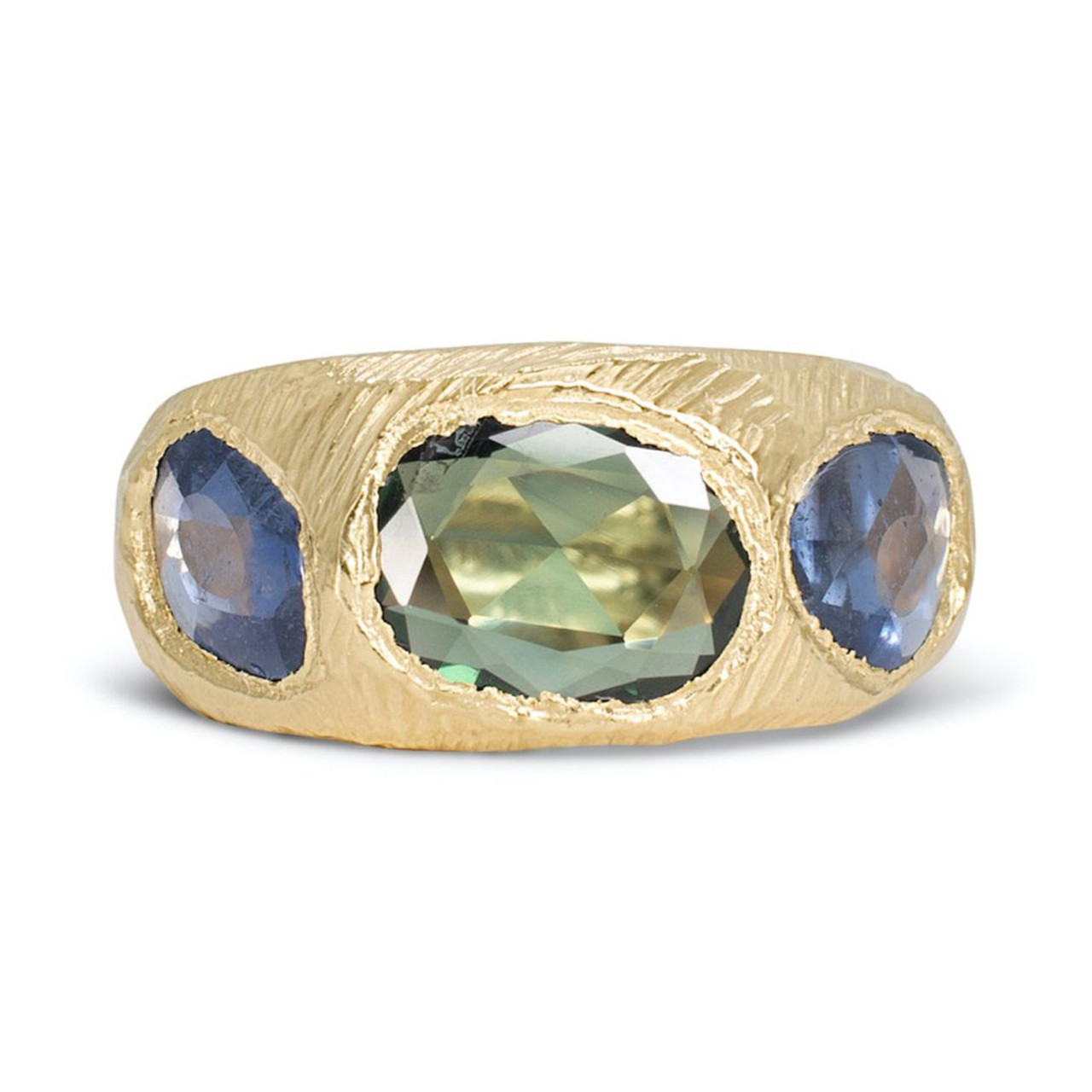 Green & Blue Sapphire Three Stone Tapered Ring, Page Sargisson, tomfoolery
