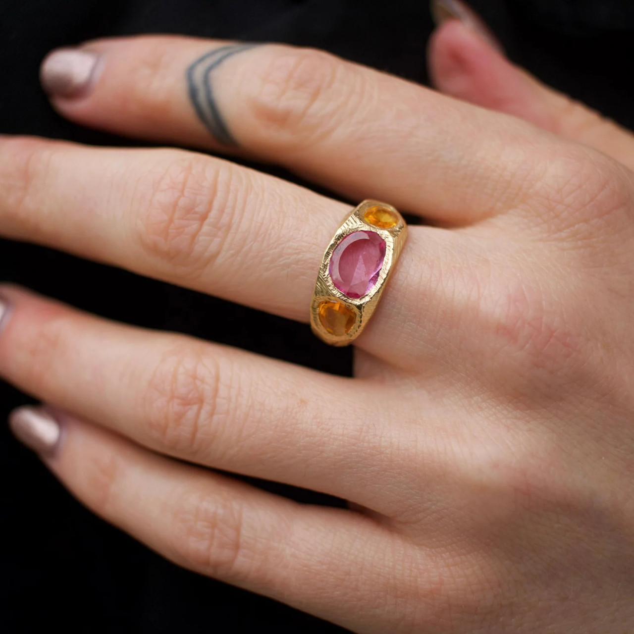 Pink & Orange Sapphire Three Stone Tapered Ring, Page Sargisson, tomfoolery