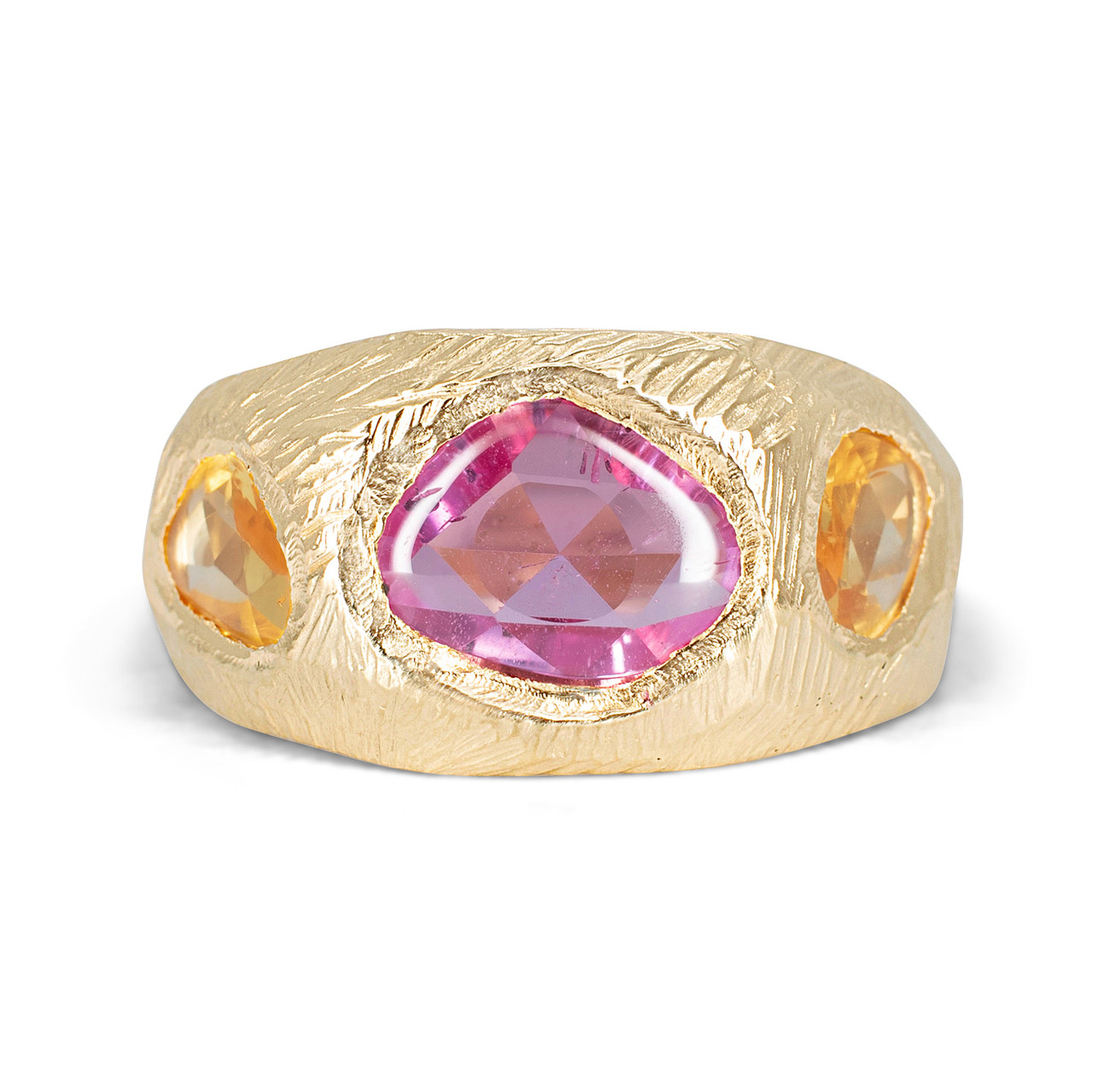 Pink & Orange Sapphire Three Stone Tapered Ring, Page Sargisson, tomfoolery