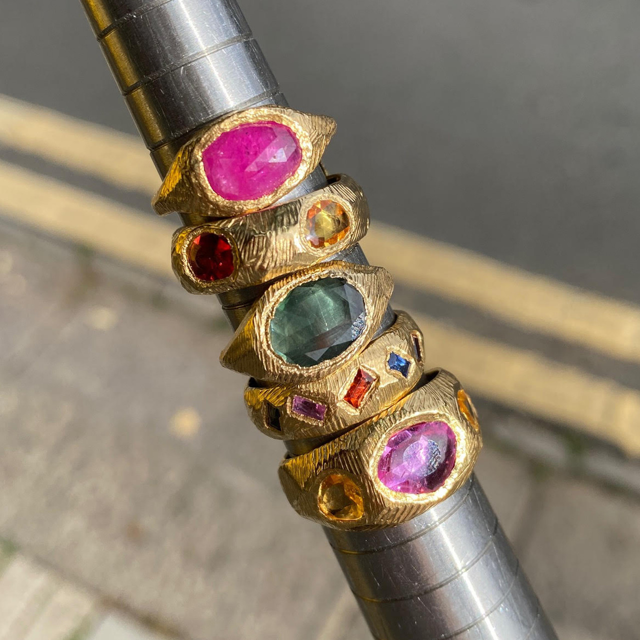 Pink & Orange Sapphire Three Stone Tapered Ring, Page Sargisson, tomfoolery