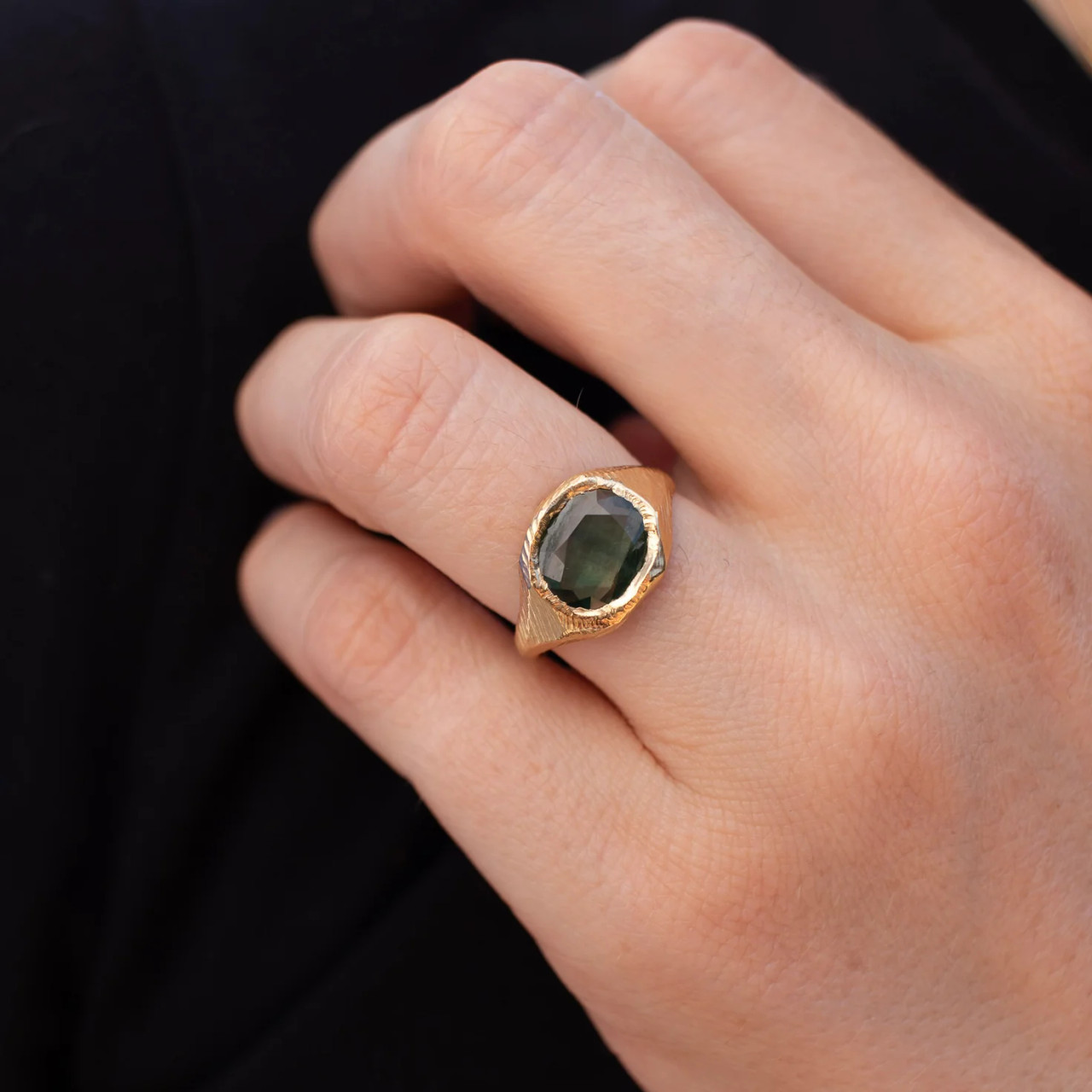 Green Sapphire Brushed Signet Ring - Tomfoolery London