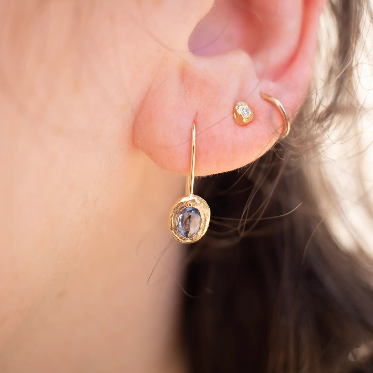 Oval Stone Fixed Hook Earrings in Light Blue Sapphire, Page Sargisson, tomfoolery