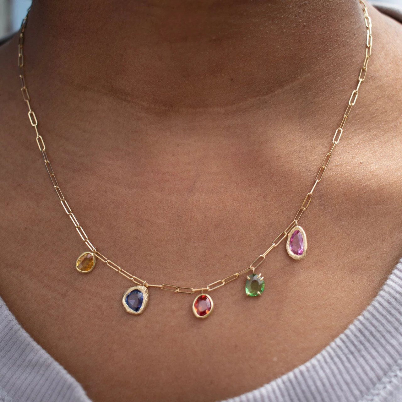 Five Stone Necklace in Rainbow Sapphires, Page Sargisson, tomfoolery