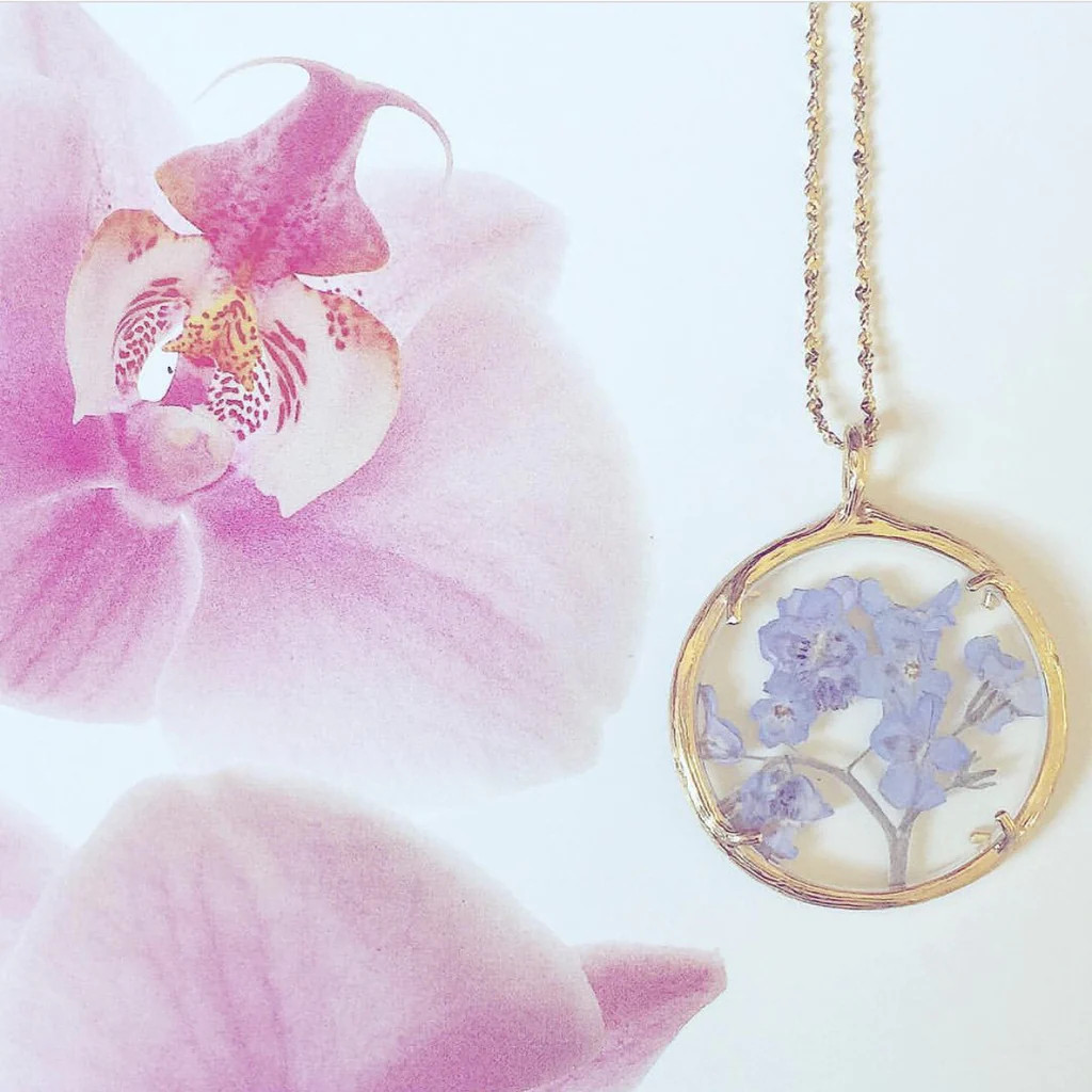 Gold Plated Large Glass Botanical Pendant Forget-Me-Nots, Catherine Weitzman, tomfoolery