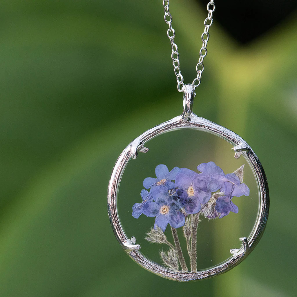 Gold Plated Large Glass Botanical Pendant Forget-Me-Nots, Catherine Weitzman, tomfoolery