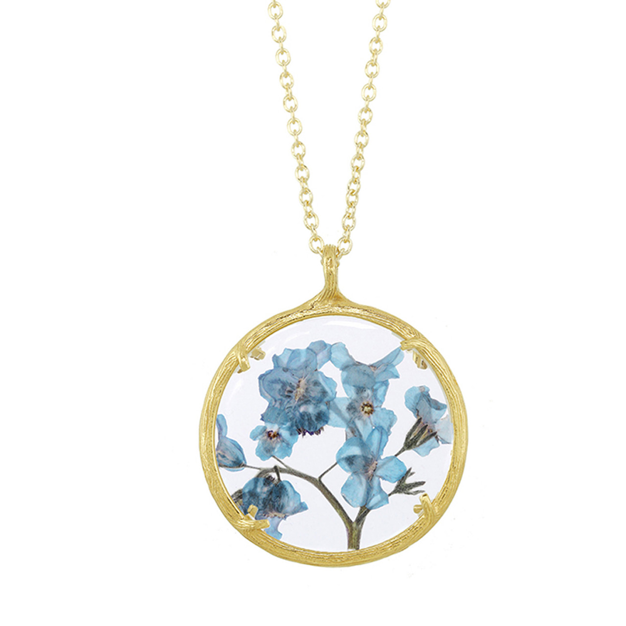 Gold Plated Large Glass Botanical Pendant Forget-Me-Nots, Catherine Weitzman, tomfoolery