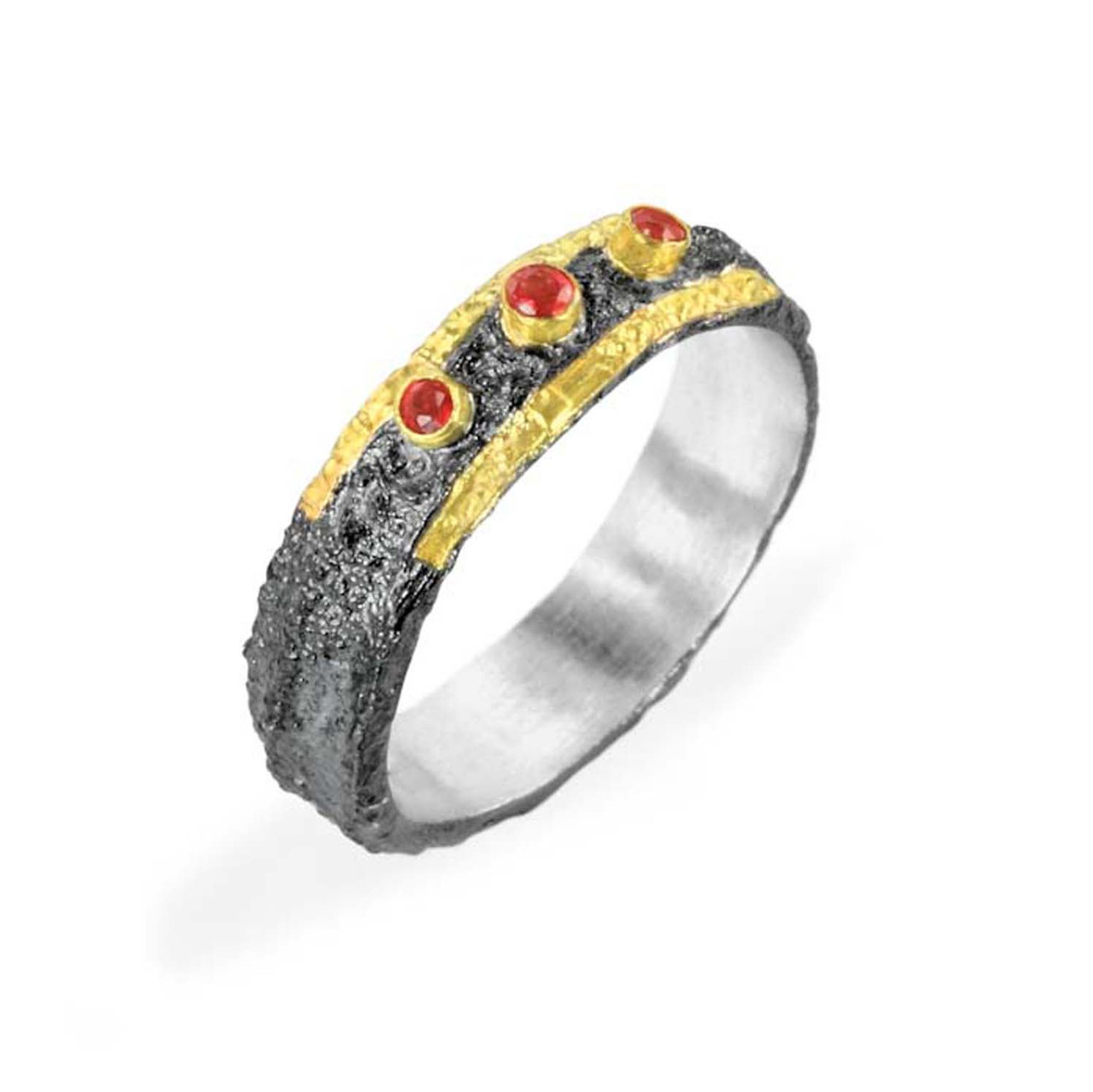 Oxidised Silver, Gold & Triple Ruby Ring, Apostolos, tomfoolery