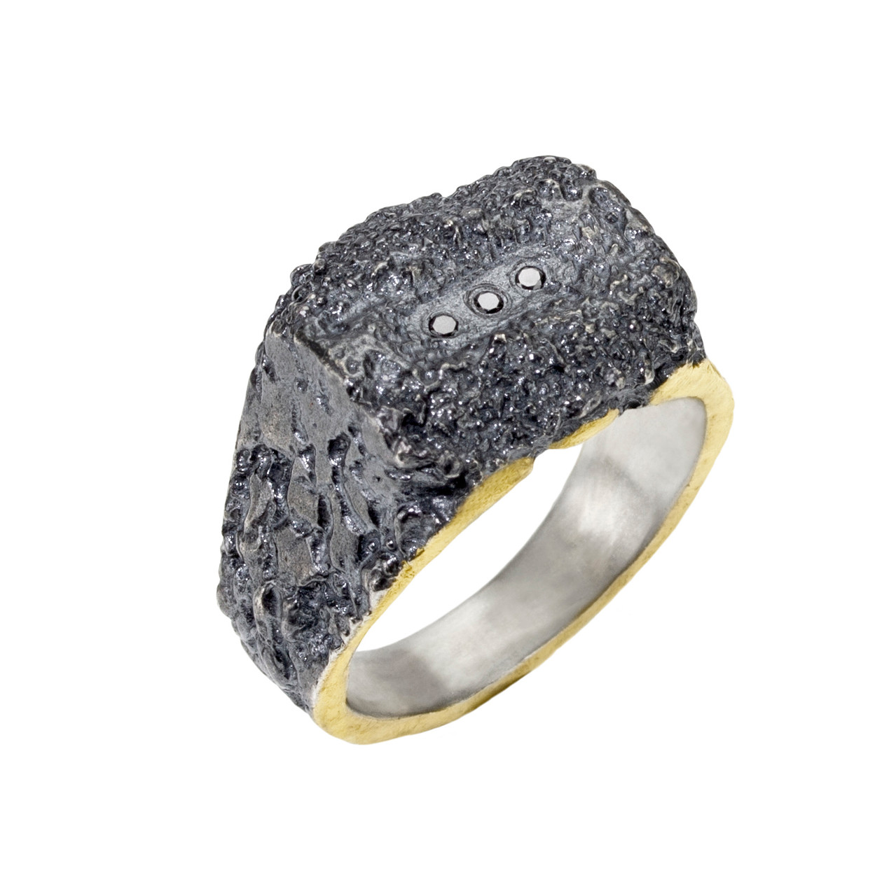 Oxidised Silver, Gold & Black Diamond Square Signet Ring, Apostolos, tomfoolery