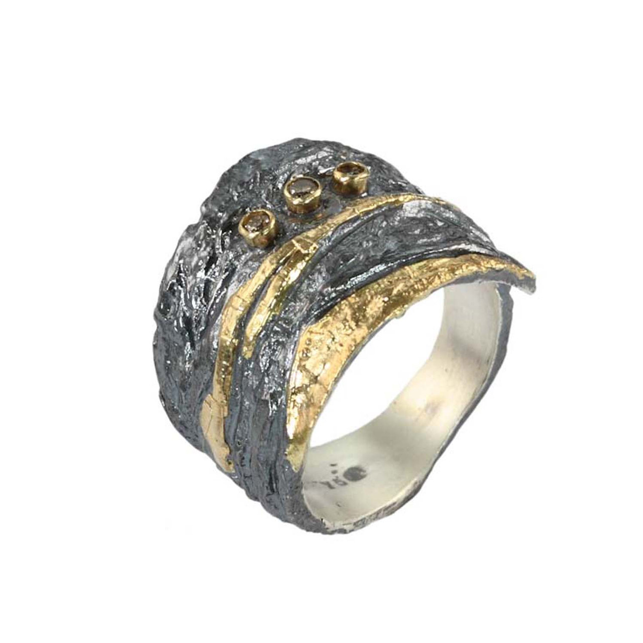 Oxidised Silver, Gold & Brown Diamond Wrap Ring, Apostolos, tomfoolery