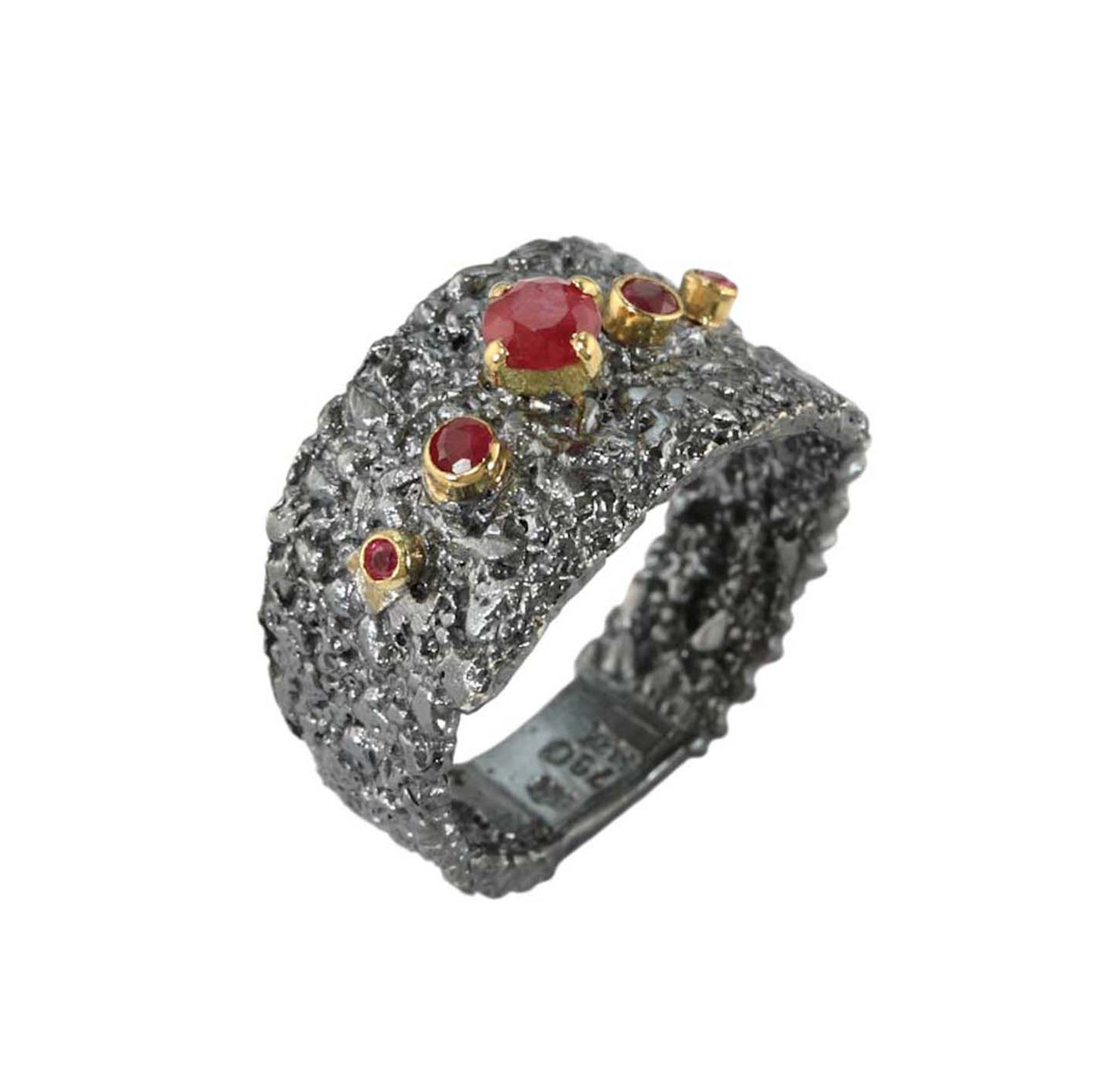 Oxidised Silver & Ruby Textured Wide Ring, Apostolos, tomfoolery