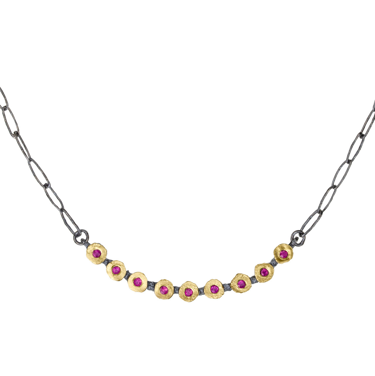 Oxidised Silver, Ruby & Gold Chain Link & Circle Necklace, Apostolos, tomfoolery