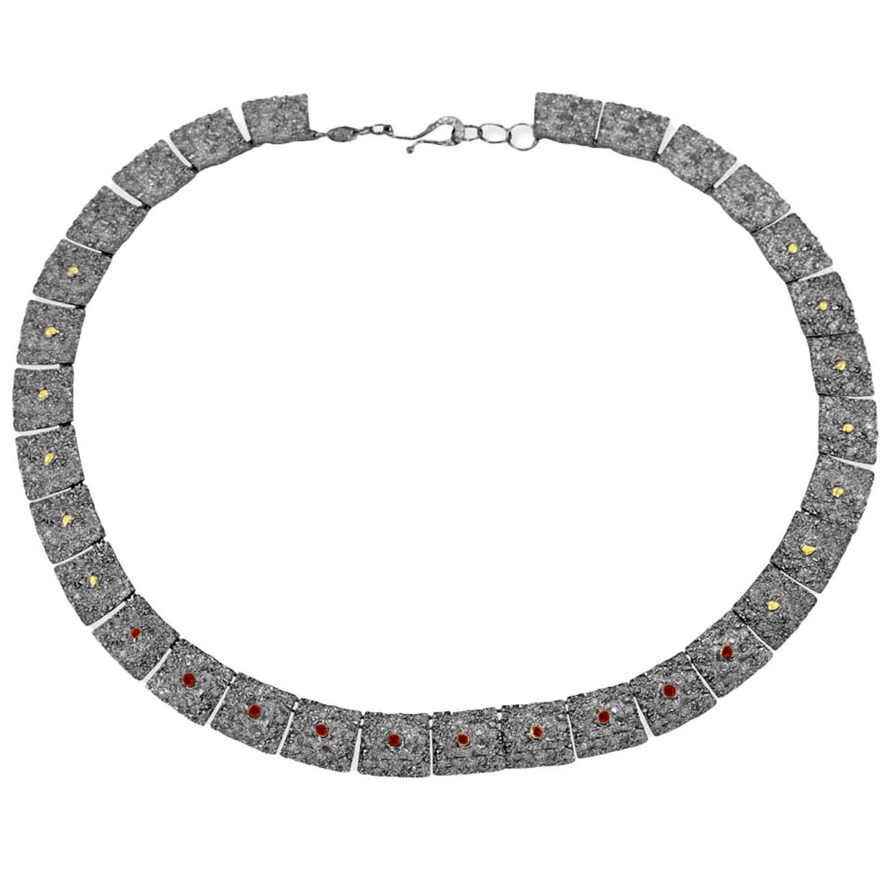 Oxidised Silver, Ruby & Gold Large Square Link Necklace, Apostolos, tomfoolery