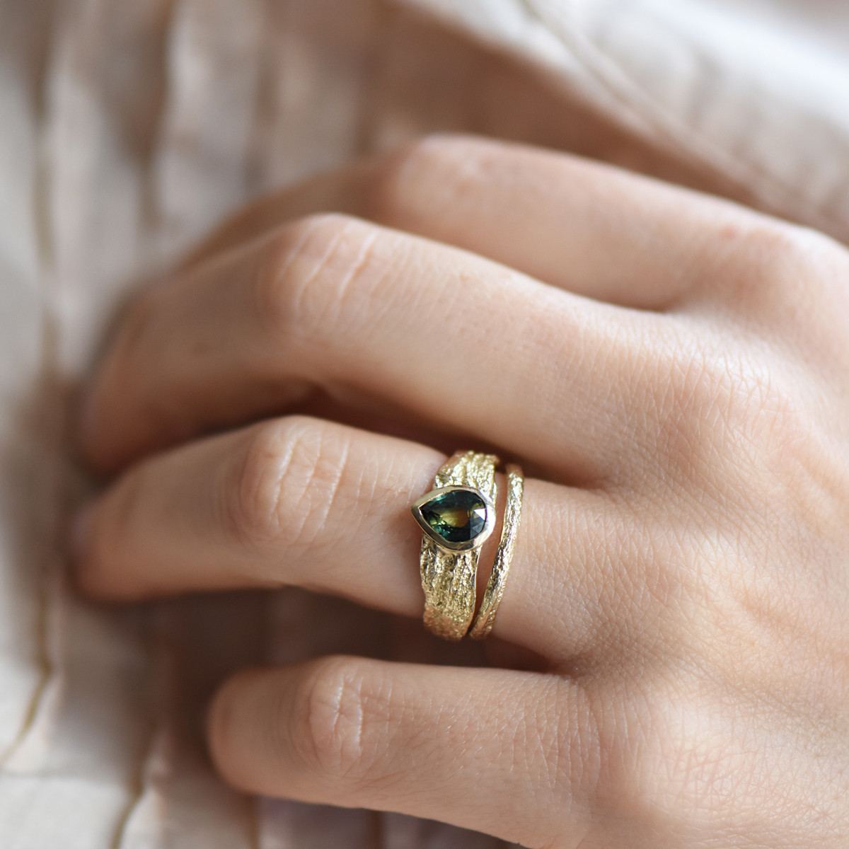 Gold & Green Montana Sapphire Wide London Plane Ring, Issy White, tomfoolery