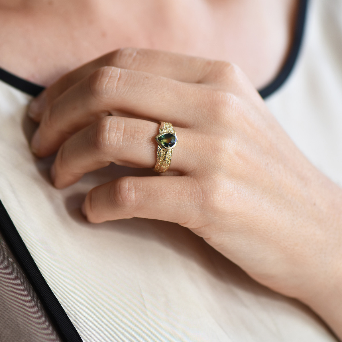 Gold & Green Montana Sapphire Wide London Plane Ring, Issy White, tomfoolery