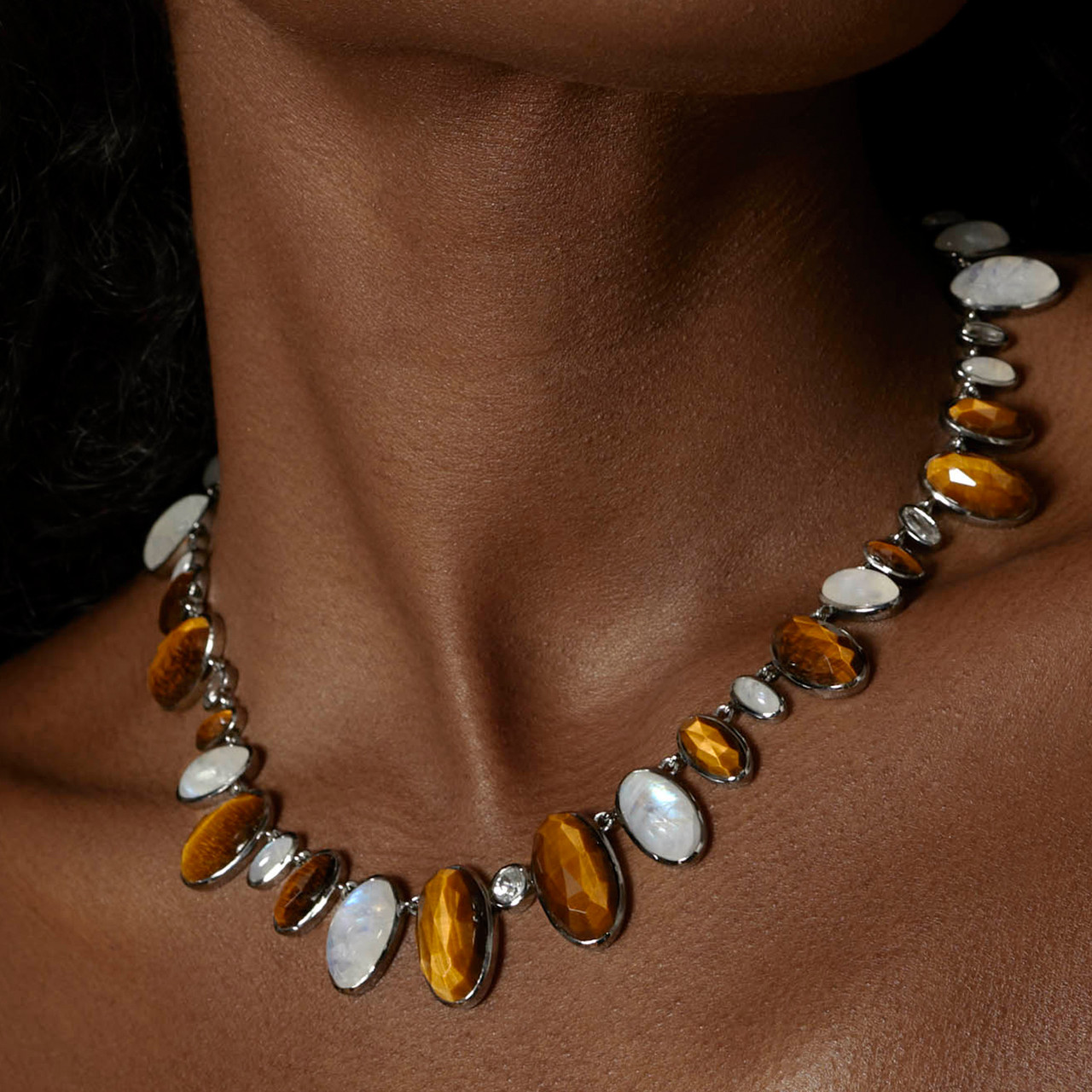 Tiger's Eye, Moonstone & White Zircon Oval Link Rivière Necklace, Nak Armstrong, tomfoolery