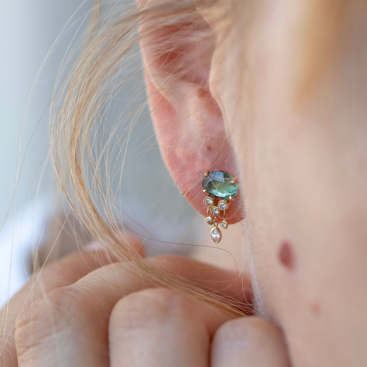 One-Of-A-Kind Jellyfish Green Tourmaline & Diamond Earring, Celine Daoust, tomfoolery