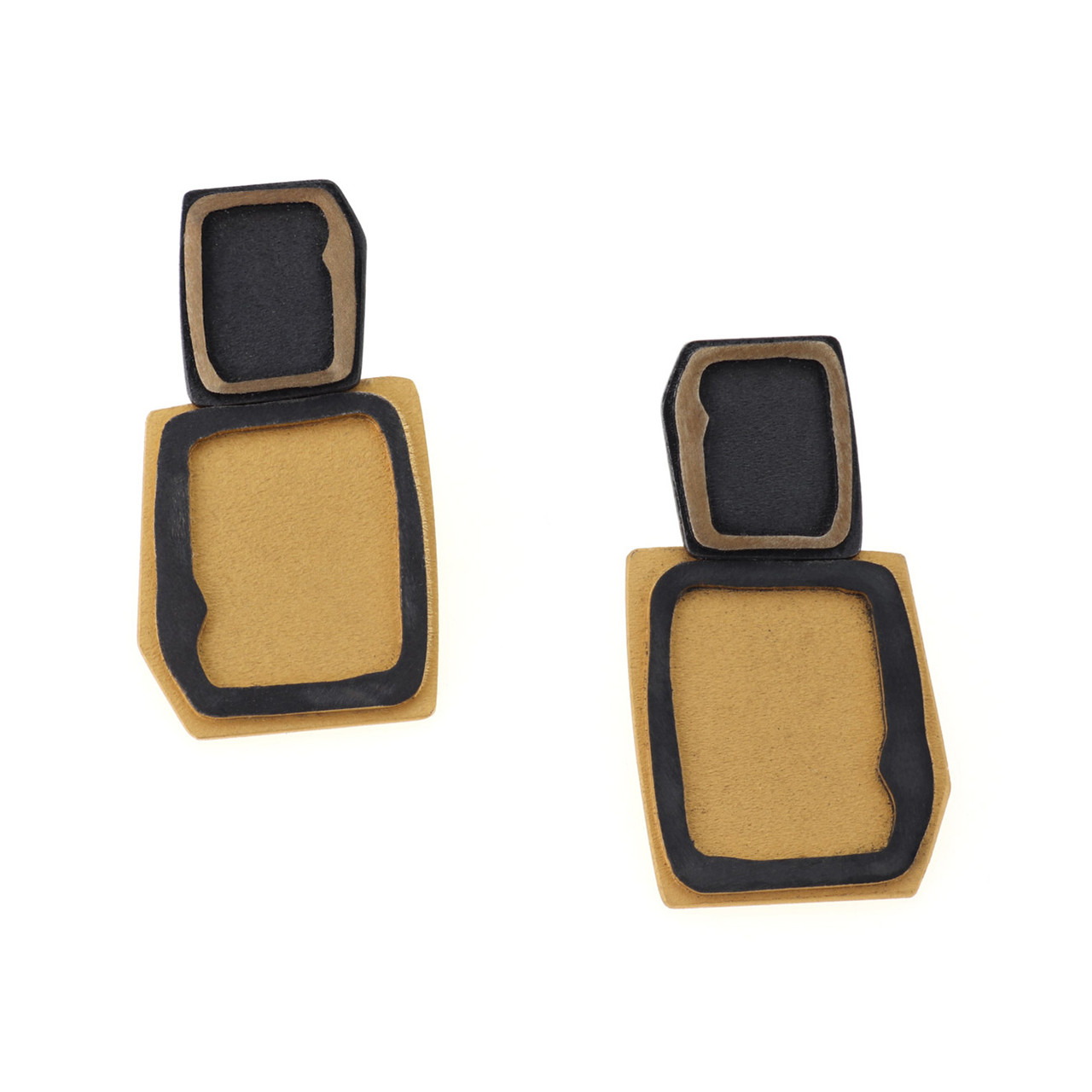 Oxidised Silver & Gold Plated Rectangular Bauhaus Drop Earrings, Deco Echo, tomfoolery