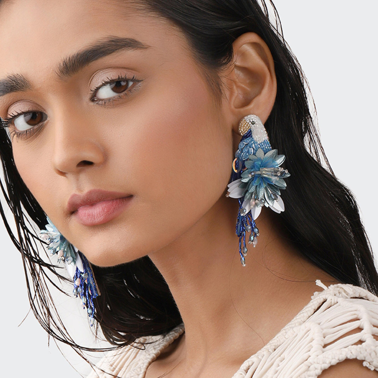 Denim Blue Parrot Beaded Earrings, Olivia Dar, tomfoolery