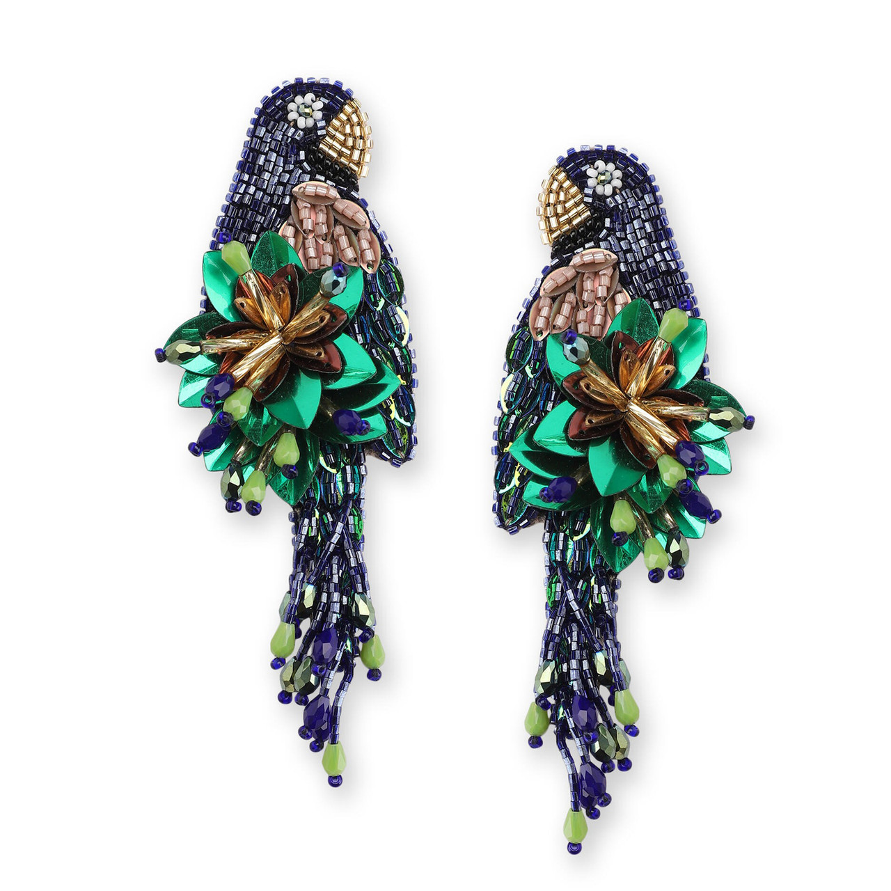 Navy Green Parrot Beaded Earrings, Olivia Dar, tomfoolery