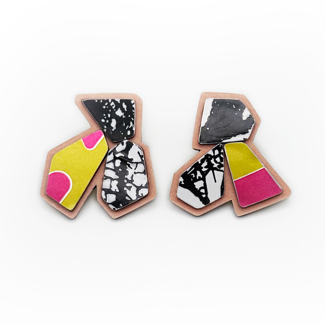 Andres Brew Recycled Studs in Black & Pink, Zulay & Stephanie Smith, tomfoolery