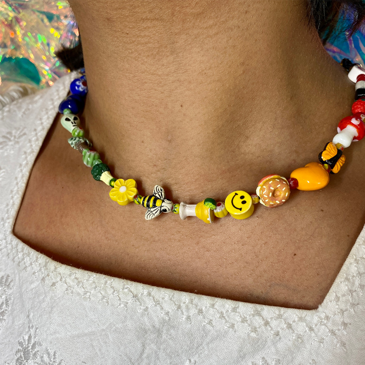 Rainbow Surprise Beaded Ceramic Necklace, Venessa Arizaga, tomfoolery