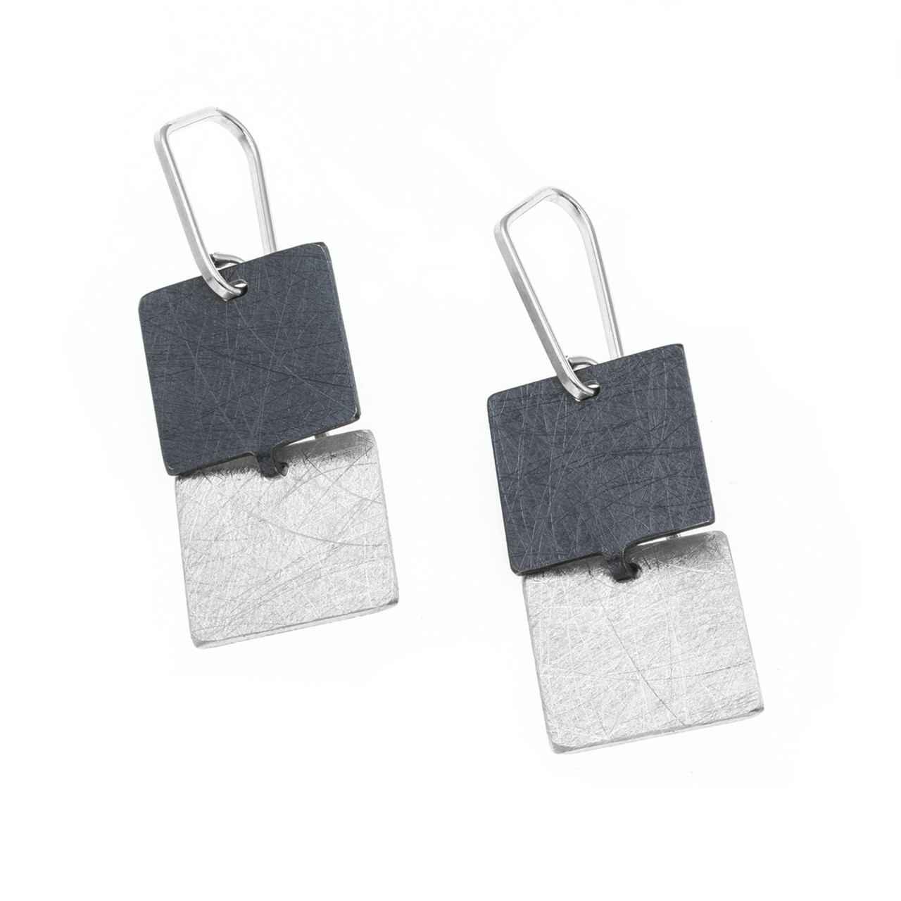 Silver & Oxidised Silver Square Drop Earrings, Deco Echo, tomfoolery