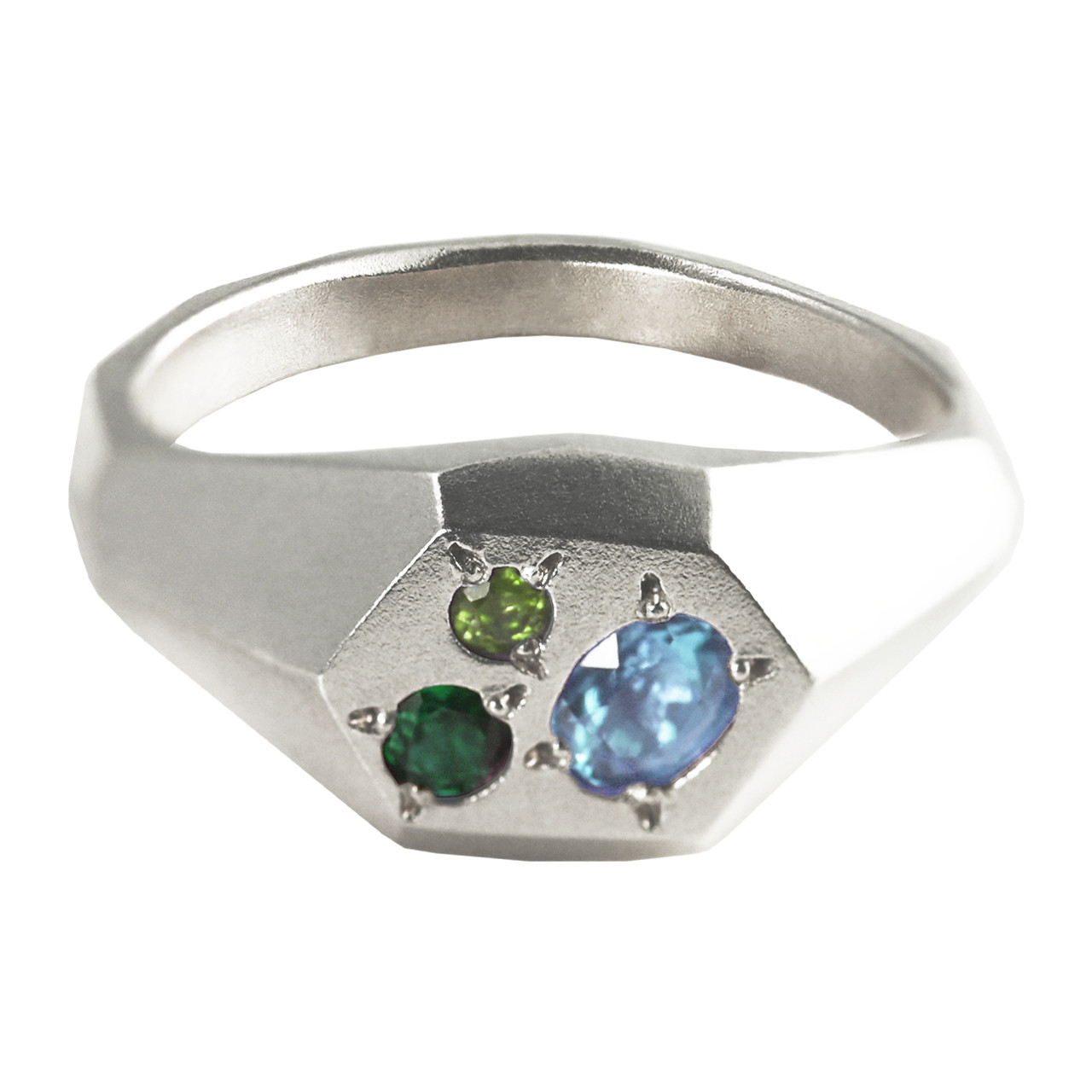 Silver Faceted Signet Ring with Topaz, Peridot & Green Onyx, Maria Manola, tomfoolery