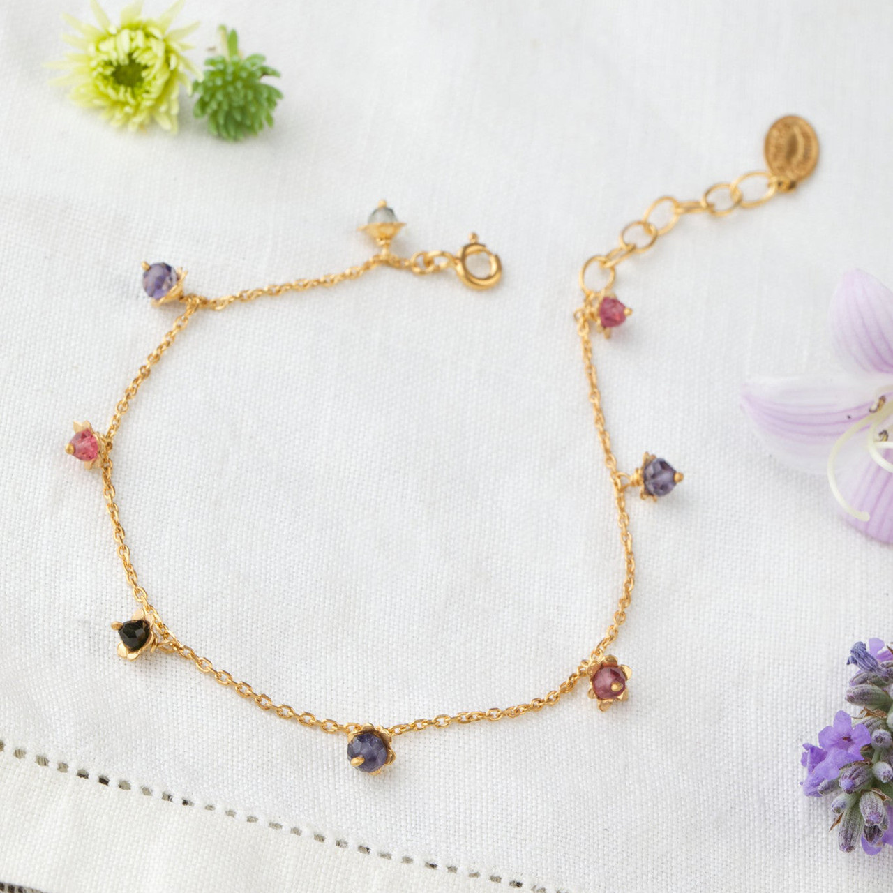 Gold & Tourmaline Floral Charm Bracelet, Amanda Coleman, tomfoolery