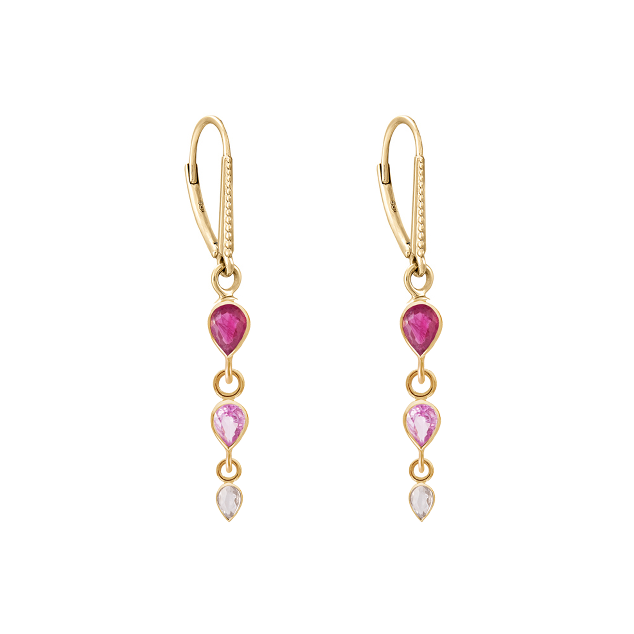 Pear Cut Ruby, Pink & White Sapphire Triple Drop Earrings, metier by tomfoolery