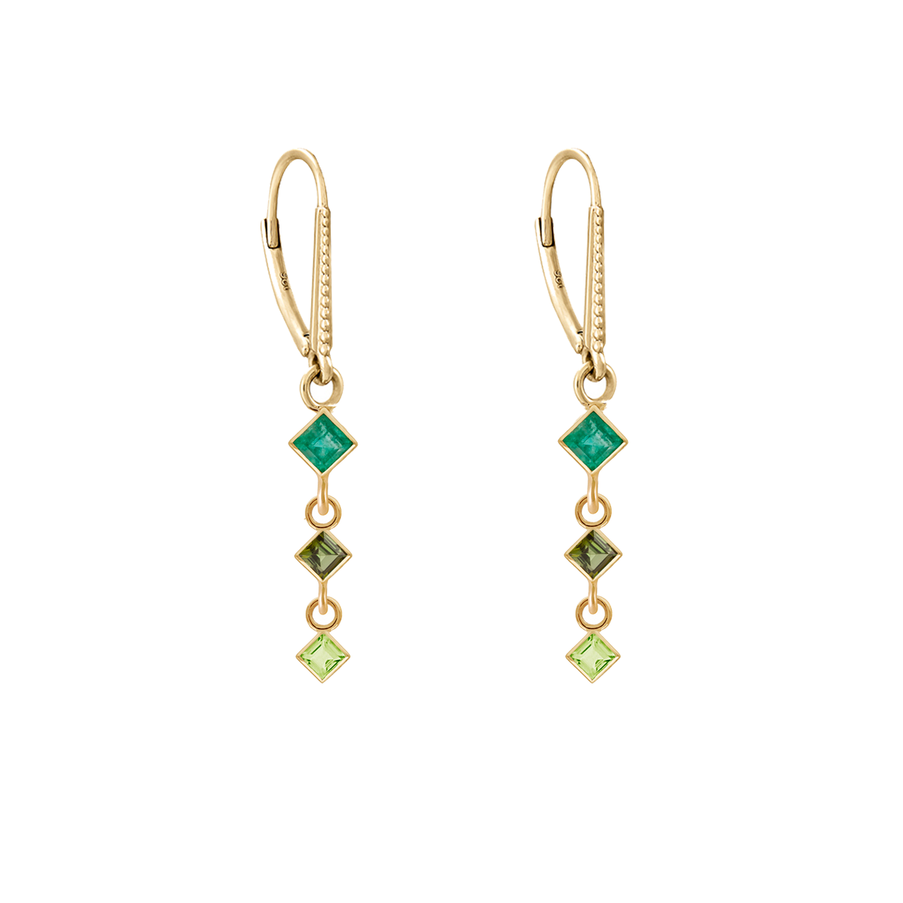 Princess Cut Emerald & Green Tourmaline Triple Drop Earrings, metier by tomfoolery