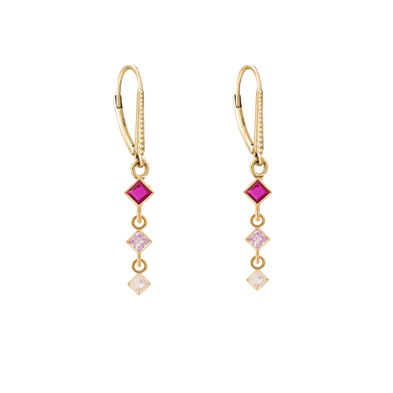 Princess Cut Ruby, Pink & White Sapphire Triple Drop Earrings, metier by tomfoolery