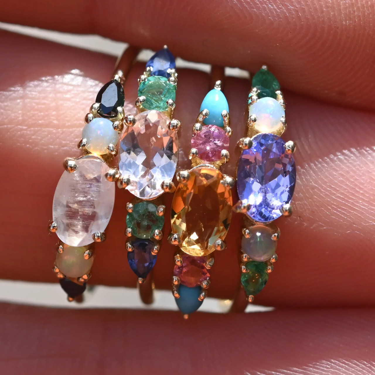 Multi Gemstone Claw Set Ring with Tanzanite, Opal & Emerald, by metier by tomfoolery