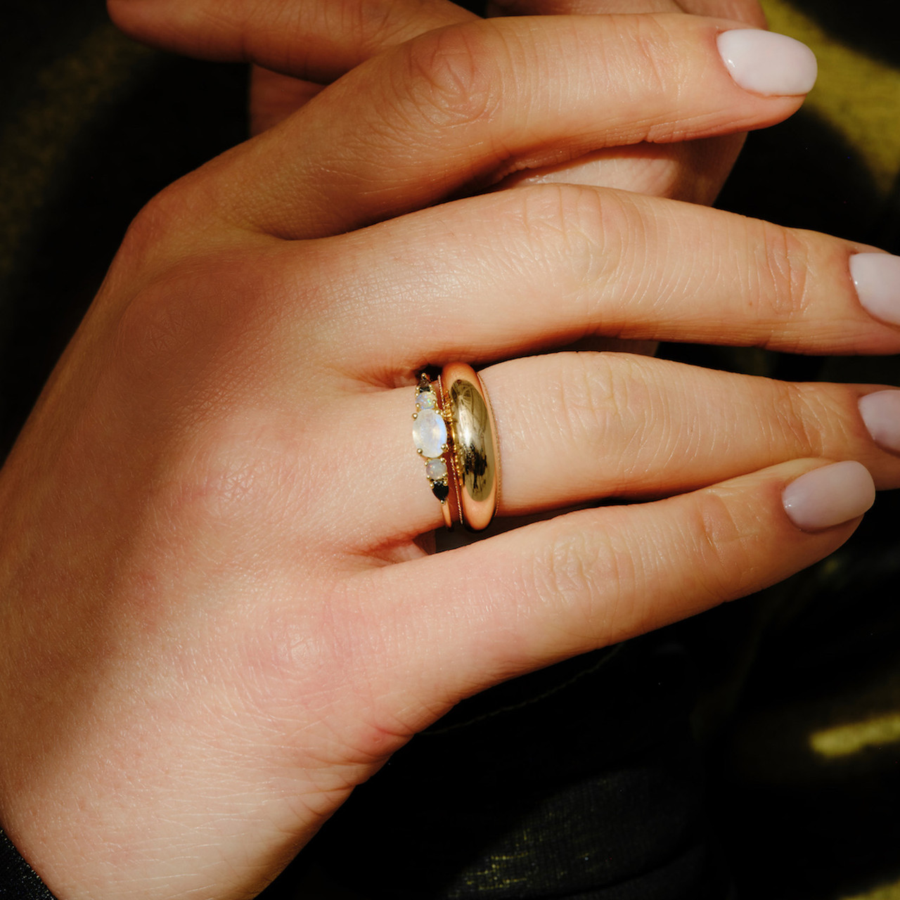 Multi Gemstone Claw Set Ring with Moonstone, Opal & Black Diamond, by metier by tomfoolery