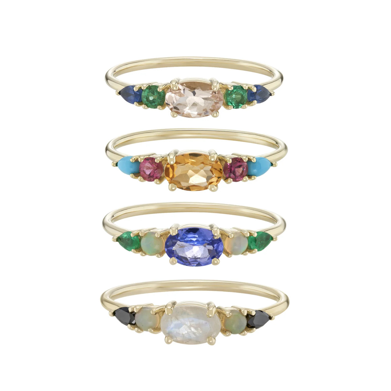 Multi Gemstone Claw Set Ring with Morganite, Emerald & Blue Sapphire, by metier by tomfoolery