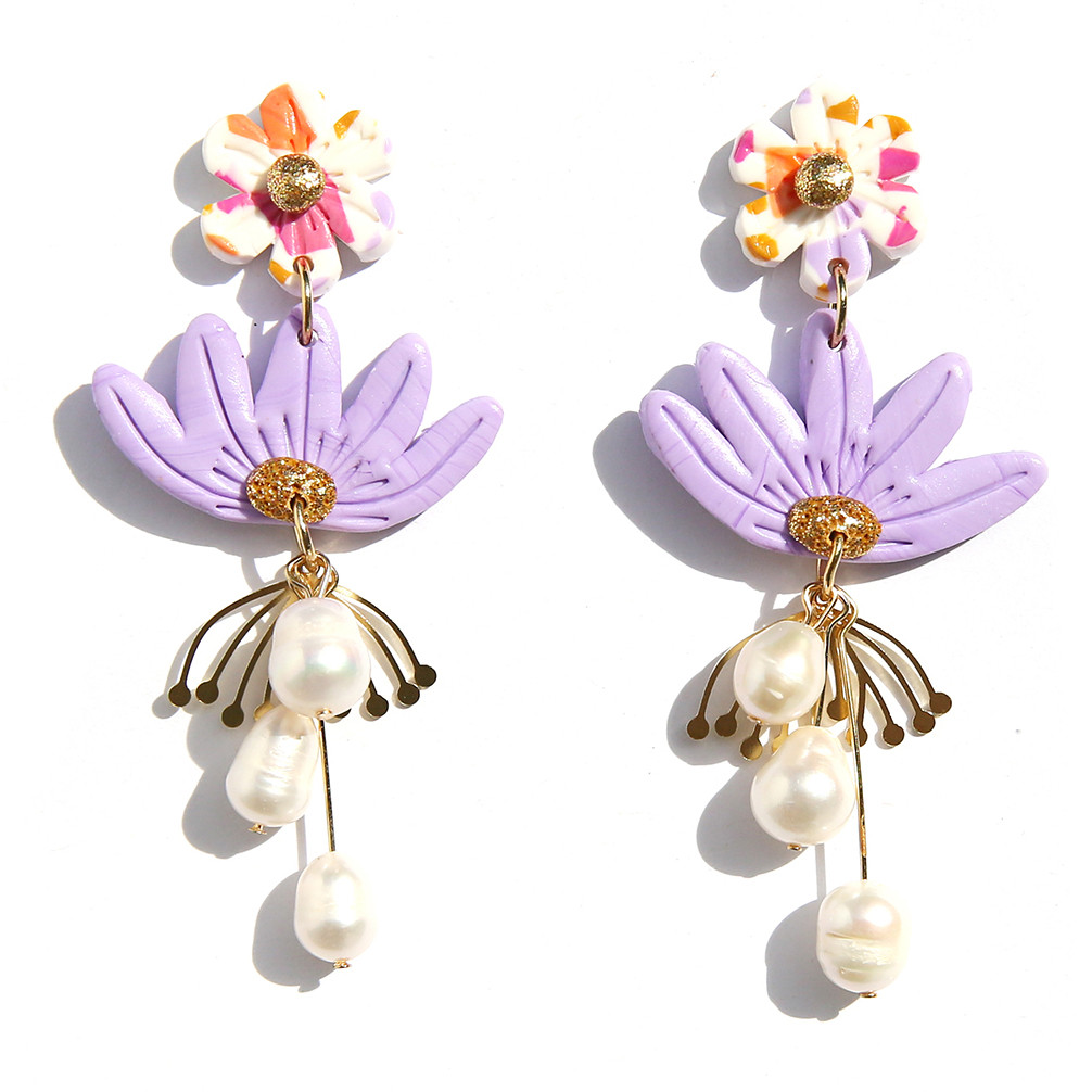 Purple Flower & Pearl  Drop Earrings, Kingston, tomfoolery