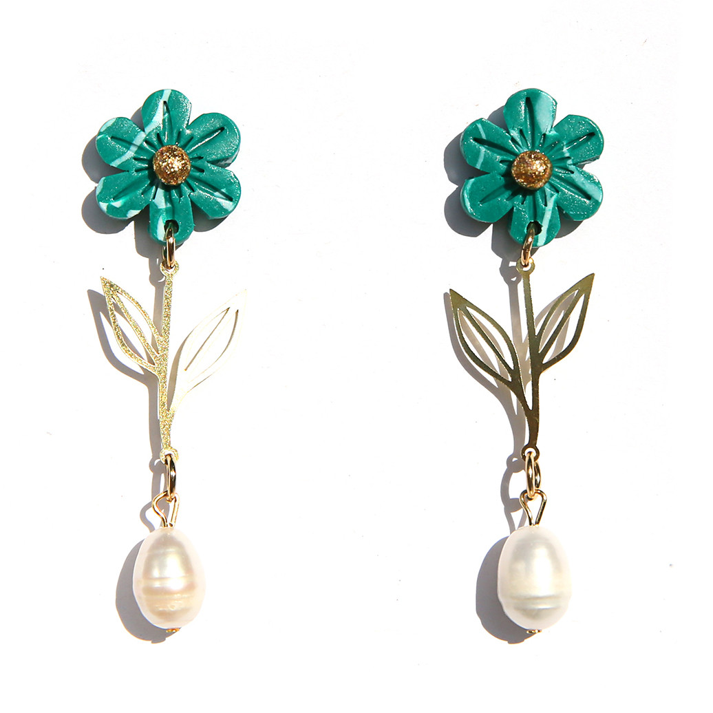 Green Flower & Pearl Drop Earrings, Kingston, tomfoolery