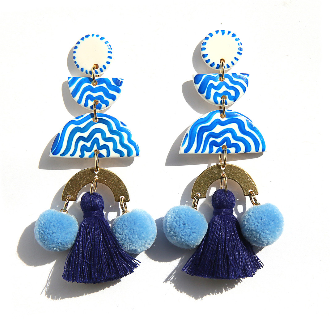 Blue Hand-Painted Pom Pom Drop Earrings, Kingston, tomfoolery