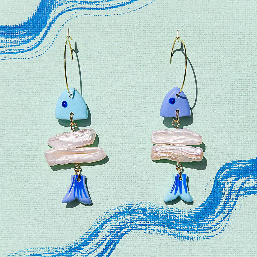 Blue Fishbone Hoop Earrings, Kingston, tomfoolery