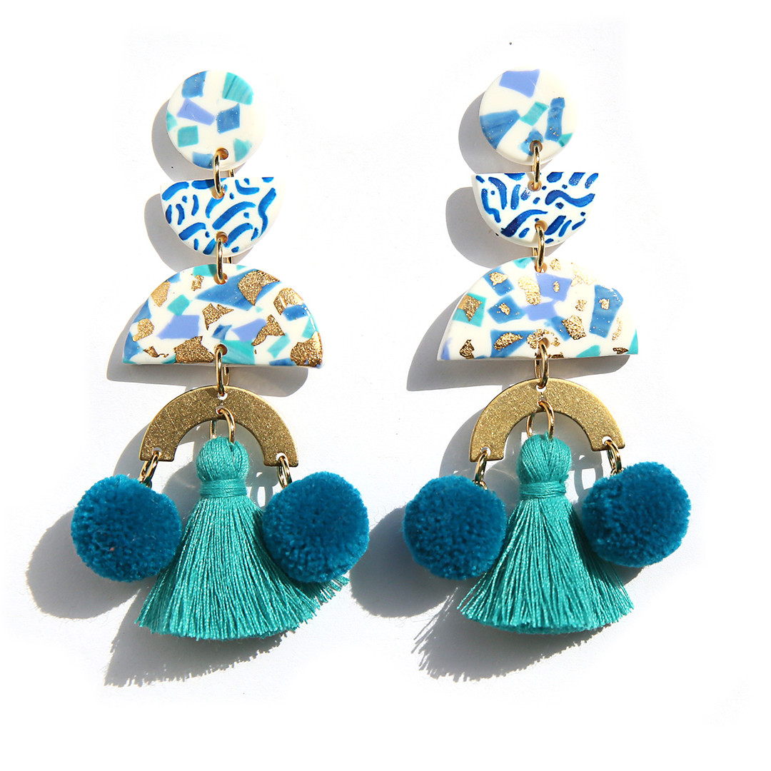 Turquoise Terrazzo Pom Pom Drop Earrings, Kingston, tomfoolery