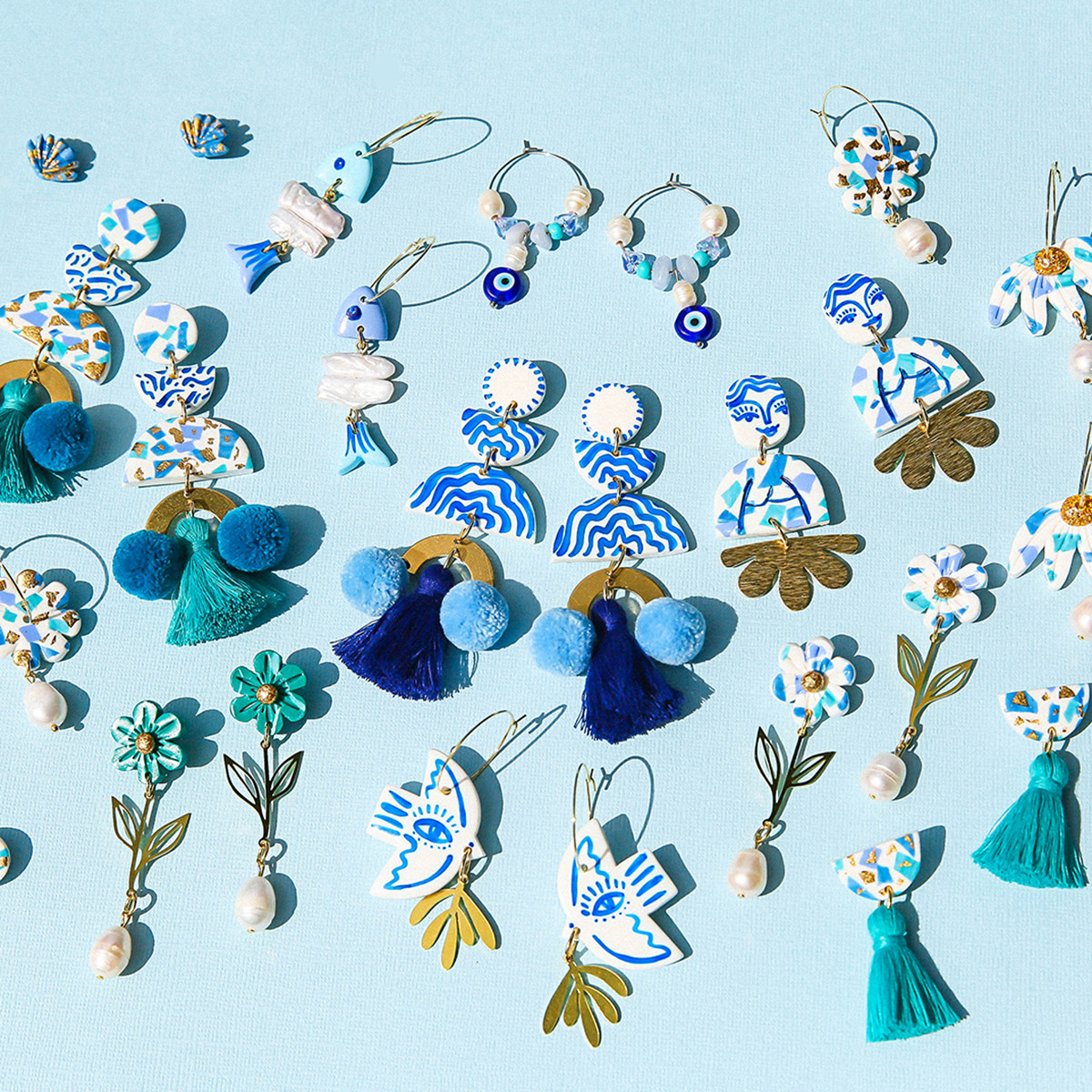 Blue Flower & Pearl Drop Earrings, Kingston, tomfoolery