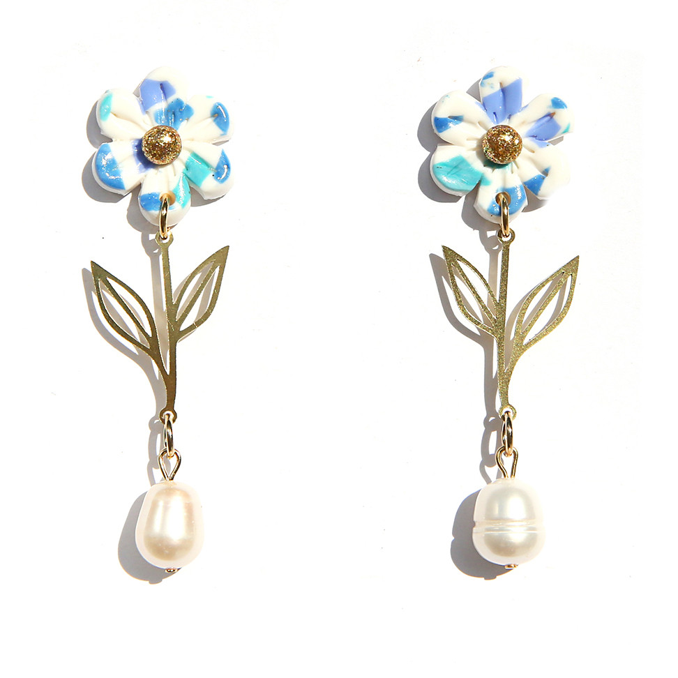 Blue Flower & Pearl Drop Earrings, Kingston, tomfoolery