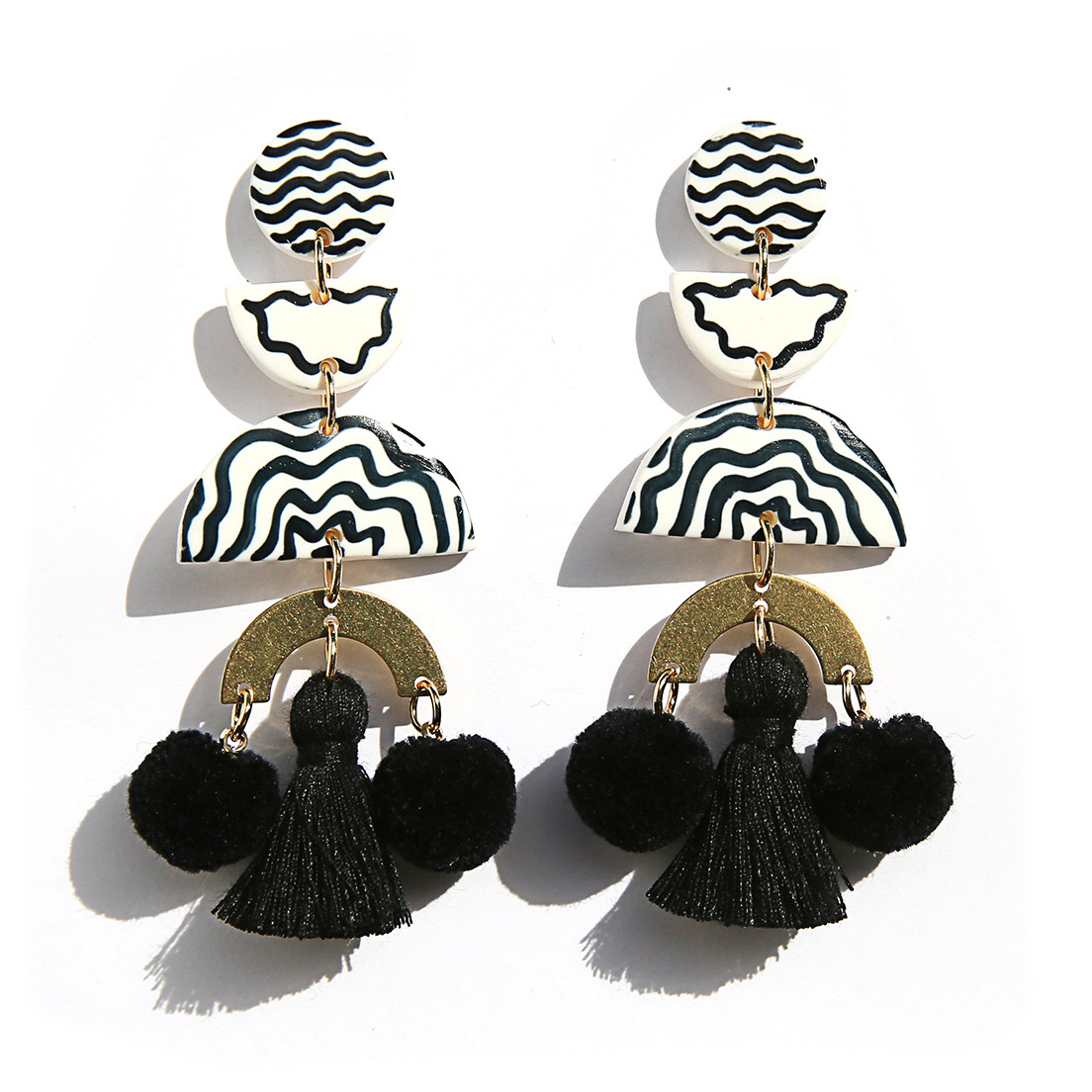 Black Hand-Painted Pom Pom Drop Earrings, Kingston, tomfoolery